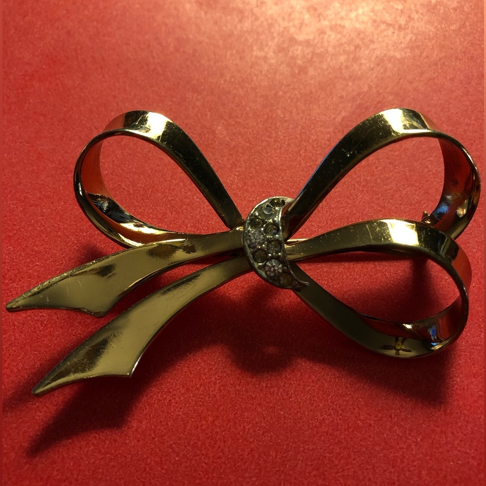 Vintage Gold Tone Bow and Rhinestone Brooch Made in Mexico